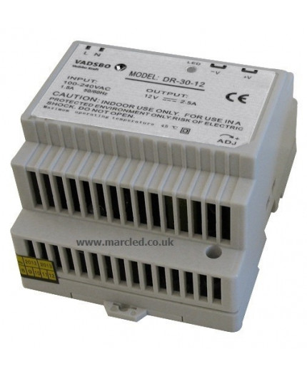 30W 12VDC DR30/12 Switching Power Supply for DIN Rail Mounting, Vadsbo 30W 12VDC DR30/12 Switching Power Supply for DIN Rail Mounting, Vadsbo