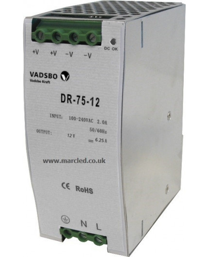 75W 12VDC DR75/12 Switching Power Supply for DIN Rail Mounting, Vadsbo 75W 12VDC DR75/12 Switching Power Supply for DIN Rail Mounting, Vadsbo