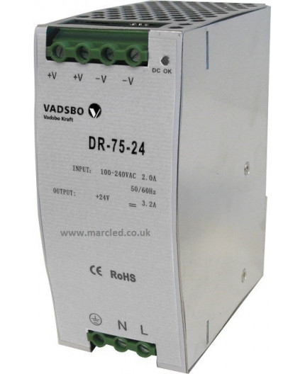 75W 24VDC DR75/24 Switching Power Supply for DIN Rail Mounting, Vadsbo 75W 24VDC DR75/24 Switching Power Supply for DIN Rail Mounting, Vadsbo