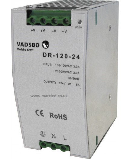 120W 24VDC DR120/24 Switching Power Supply for DIN Rail Mounting, Vadsbo 120W 24VDC DR120/24 Switching Power Supply for DIN Rail Mounting, Vadsbo